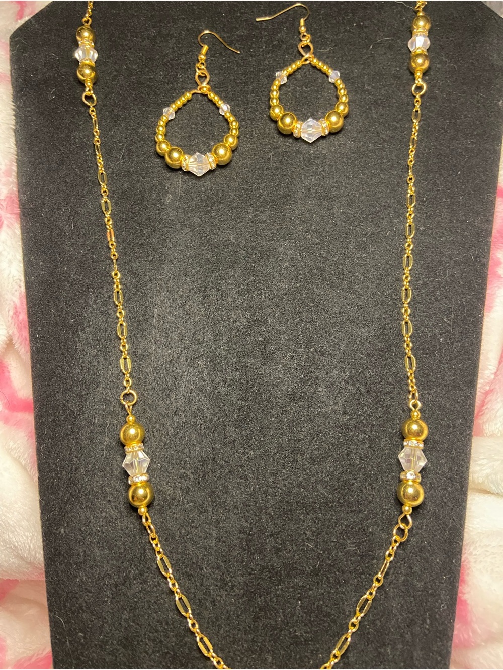 Gold Beaded Necklace and Hoop Earrings Set - Elegant Gold Tone Jewelry